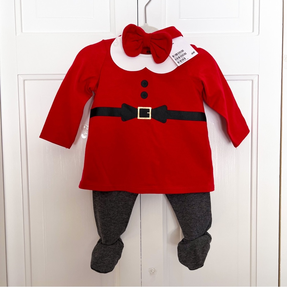 NWT! 3 Month H&M Santa Top, Gray Legging & Red Bow Set